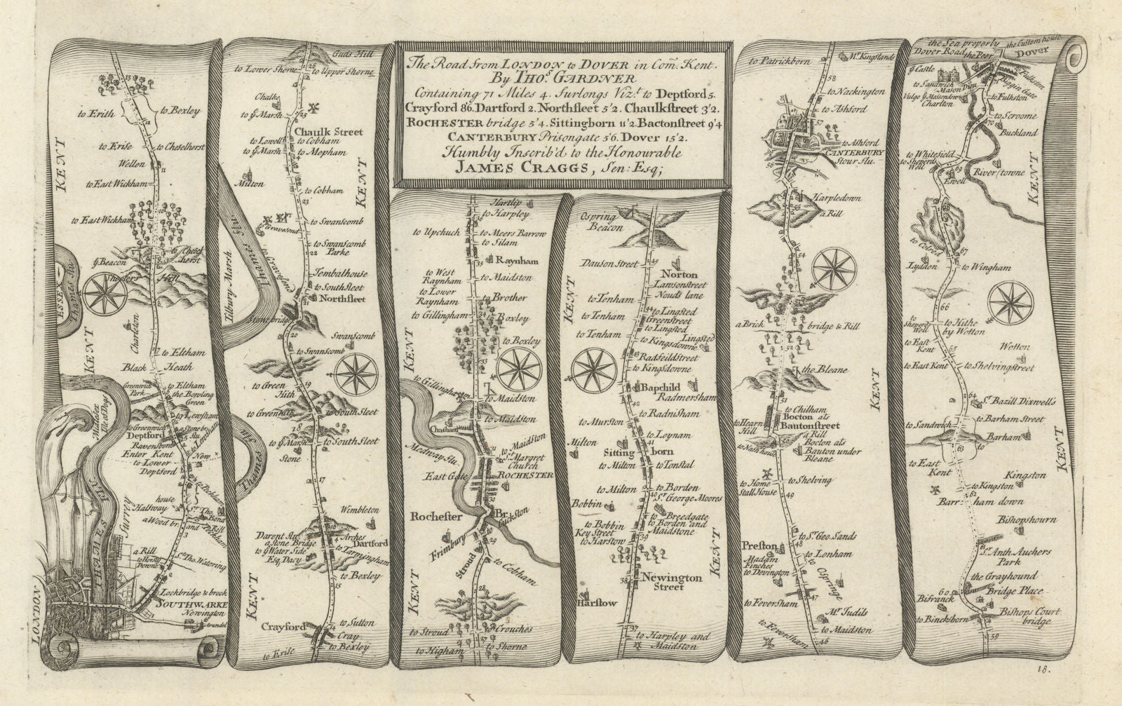 London - Dartford - Rochester - Canterbury - Dover GARDNER road map #18 1719